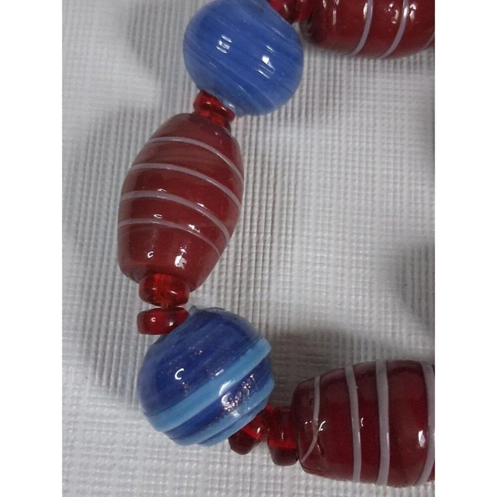 Handmade Blue Red Striped Assorted Glass Beaded Stretchy Bracelet Fair Condition